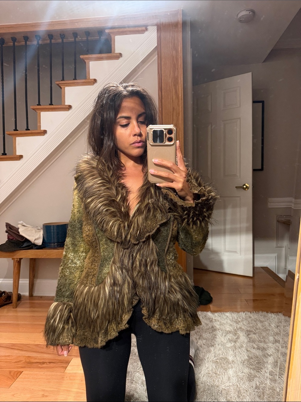 Faux Fur Trim Olive Green and brown Women's Jacket